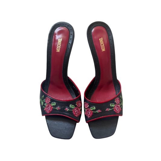 Moschino Embroidered Rose Mule Heels