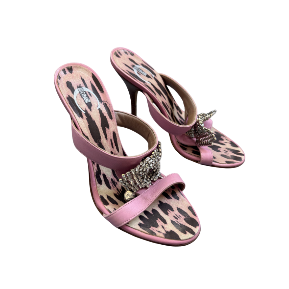 Just Cavalli Pink Rhinestone Bow Mules