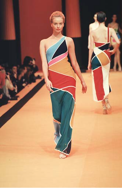 Hervé Léger Color Block One Shoulder Gown