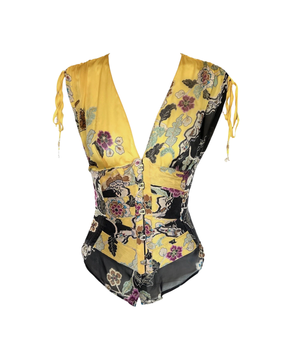 Roberto Cavalli Yellow Chinoiserie Top/Corset Combo