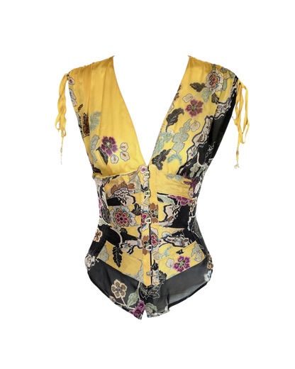 Roberto Cavalli Yellow Chinoiserie Top/Corset Combo