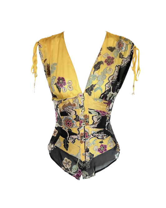 Roberto Cavalli Yellow Chinoiserie Top/Corset Combo