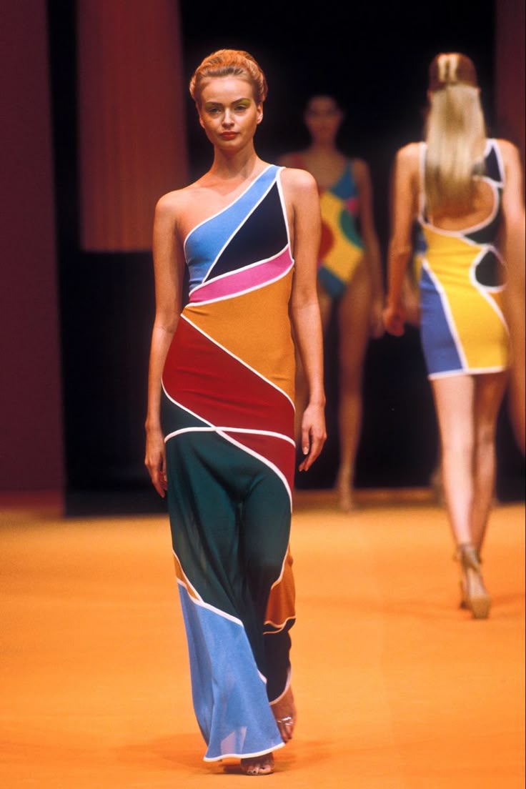 Hervé Léger Color Block One Shoulder Gown