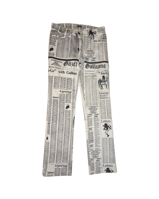 John Galliano White Newspaper Print Jeans